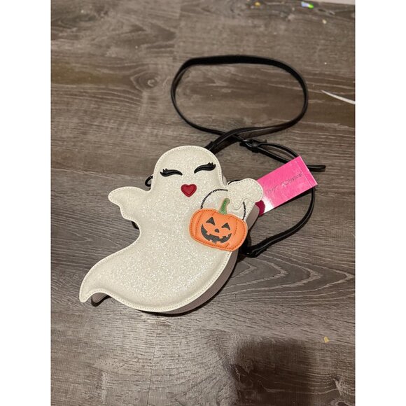 NWT Betsey Johnson XOGhosty White Glitter Ghost with Pumpkin Halloween Kitsch 3D - Picture 1 of 3